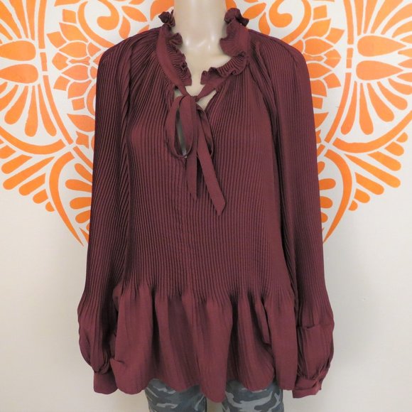 Treasure & Bond Tops - Treasure & Bond Burgundy Pleated Ruffle Blouse XXL